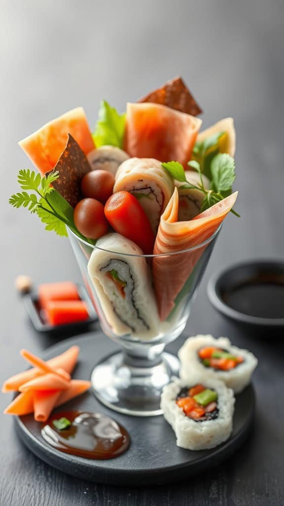 A stylish charcuterie cup filled with sushi rolls, fresh vegetables, and dipping sauces.