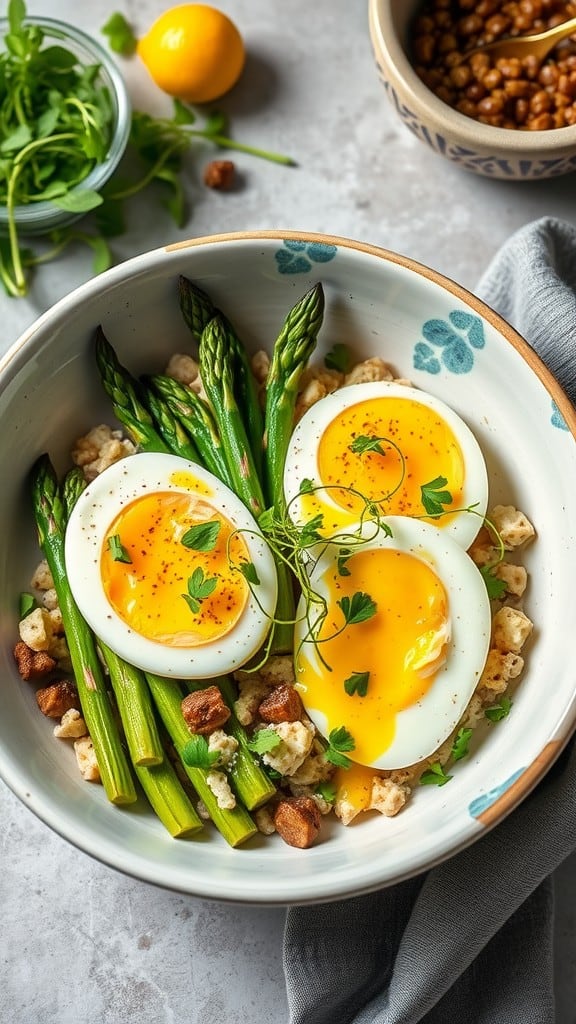 A colorful bowl featuring soft-boiled eggs and asparagus over fluffy grains, garnished with herbs.