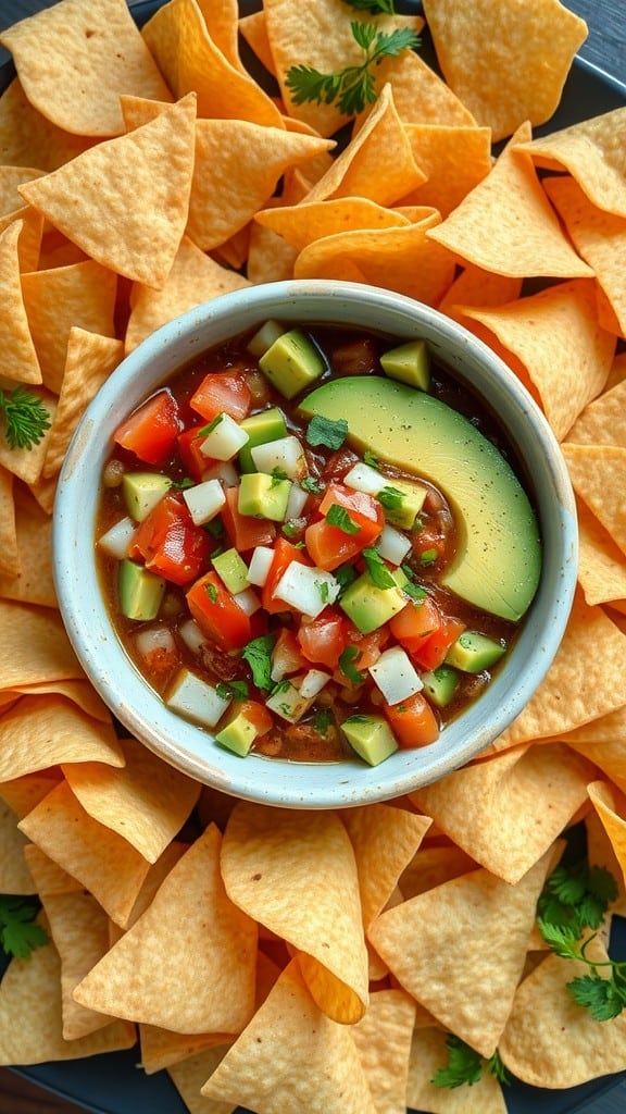 A bowl of avocado and tomato salsa surrounded by tortilla chips, with avocado slices shaped like a heart.