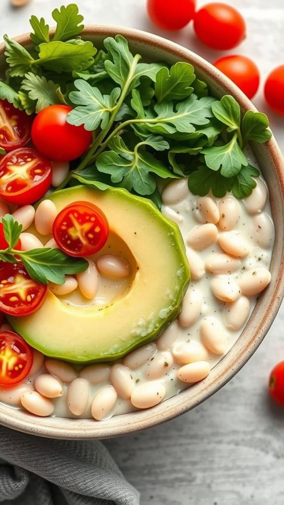 Bowl with avocado, white beans, cherry tomatoes, and greens