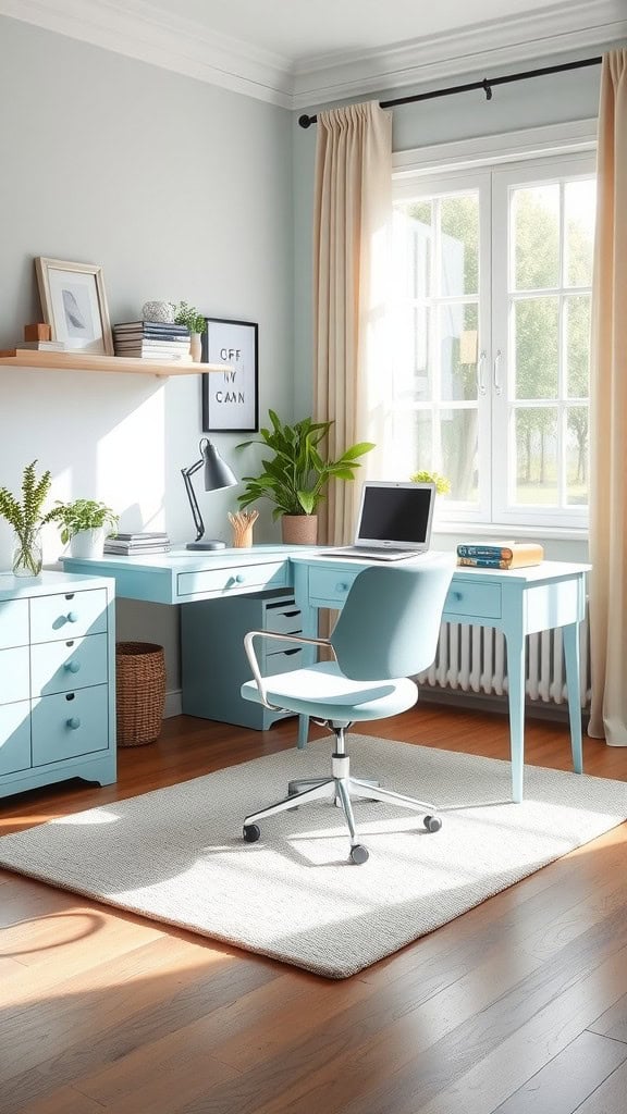 A serene baby blue workspace featuring a desk, chair, plants, and natural light from windows.