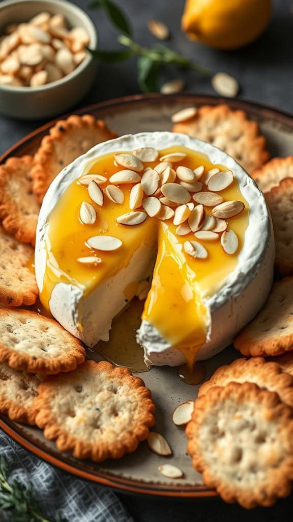 Baked Brie topped with honey and almonds served with crackers