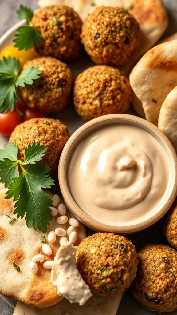 A plate featuring baked falafel balls, tahini sauce, pita bread, and fresh greens.