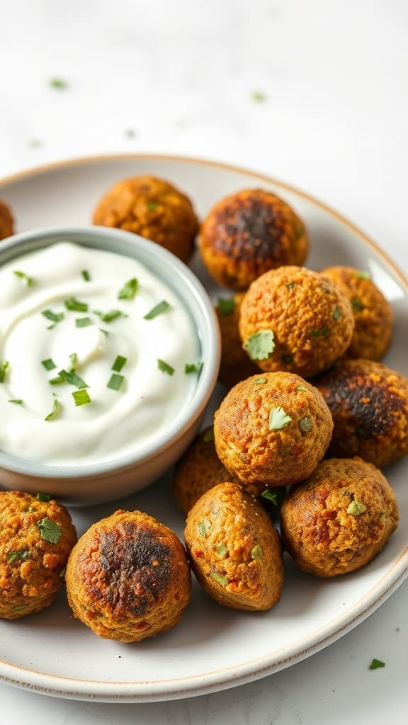 A plate of baked falafel balls with a side of tzatziki sauce garnished with herbs.