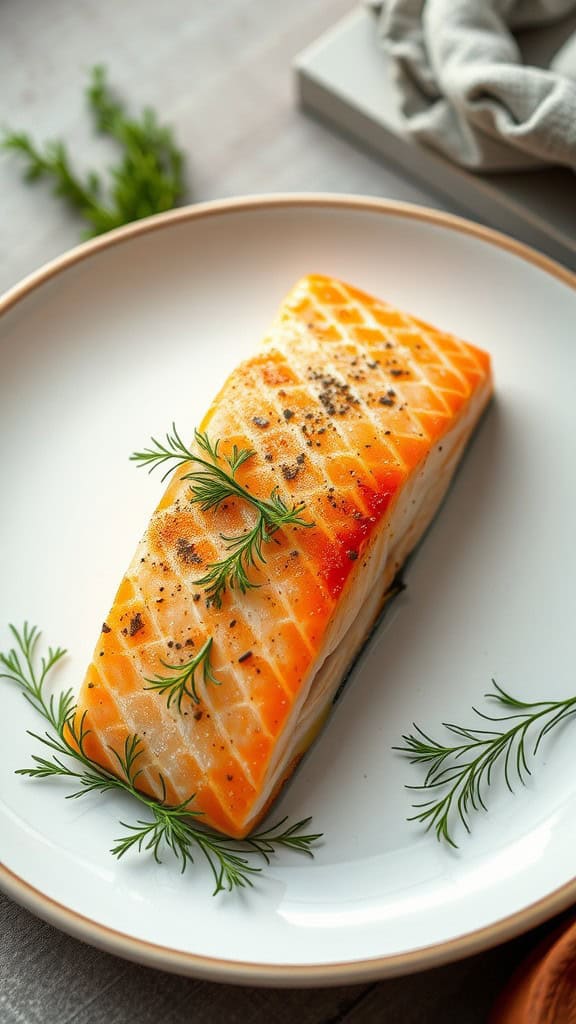 Baked salmon fillet garnished with dill and lemon.