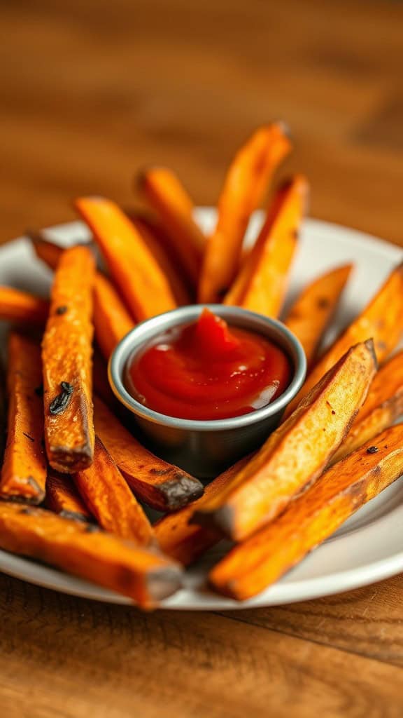 A plate of baked sweet potato fries served with ketchup.