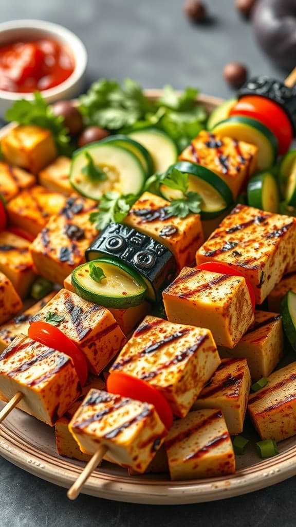 Colorful baked tofu and vegetable skewers with a variety of veggies