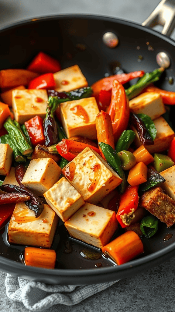 A vibrant stir-fry featuring baked tofu and assorted colorful vegetables in a pan.