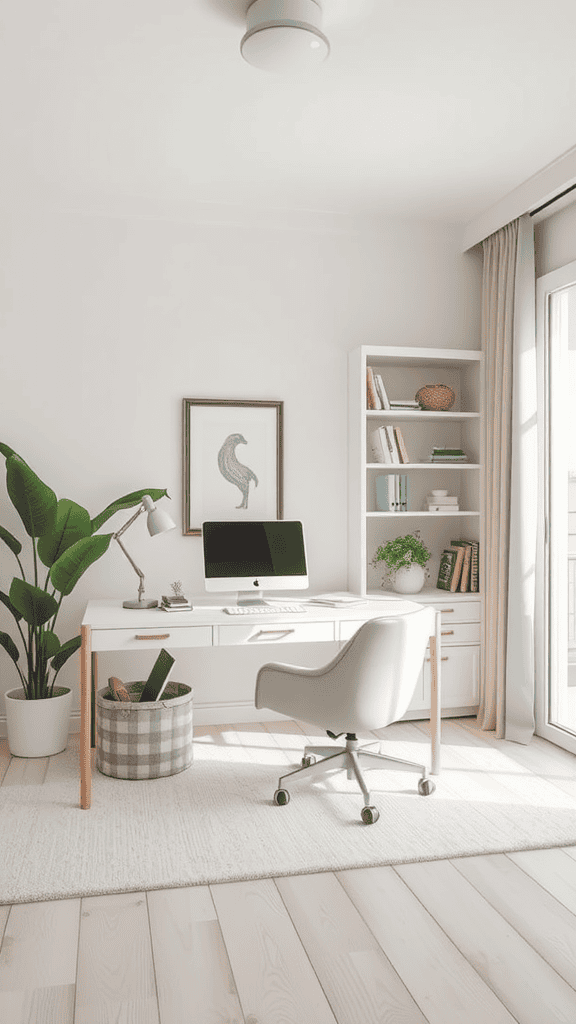 A minimalist home office with a balanced color palette featuring a white desk, computer, plants, and light wooden flooring.