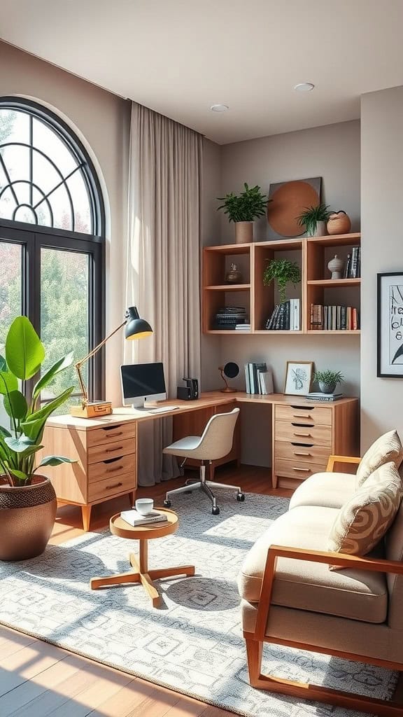 A stylish luxury home office with wooden furniture, plants, and a cozy sofa.