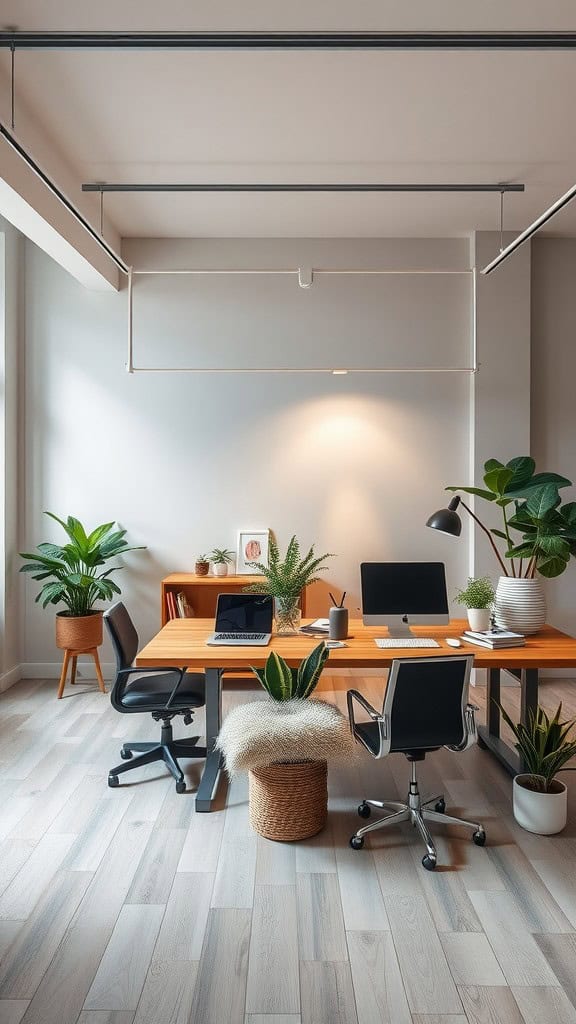 Bright and modern home office featuring a balanced layout with plants, wooden desk, and stylish decor.