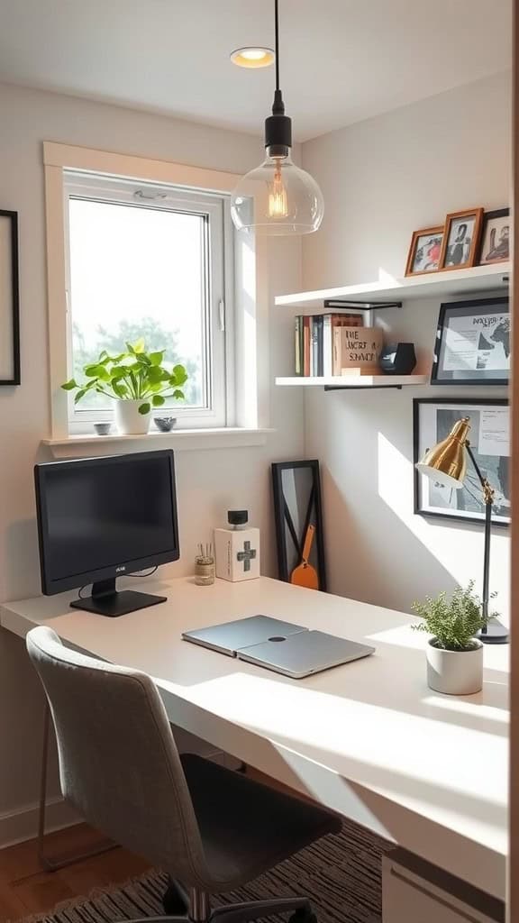 A modern small home office with a desk, computer, and decorative shelves.