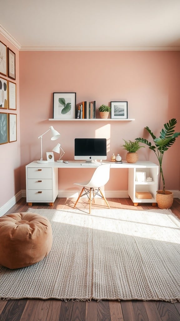 Cozy home office with pink walls, white furniture, plants, and warm tones.