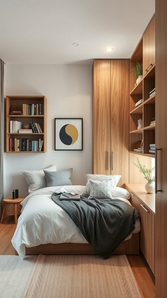 A cozy minimalist bedroom with wooden shelves, a neatly made bed, and stylish decor.