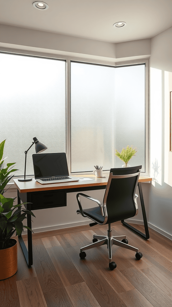 A modern home office with a desk, chair, and plants, featuring large windows that provide natural light.