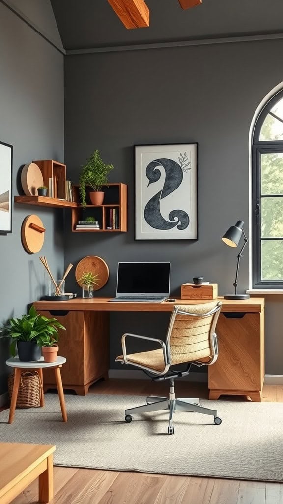 A modern workspace featuring grey walls, wooden furniture, and plants.