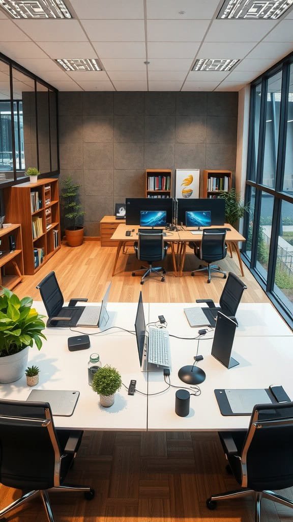 A modern home office setup with multiple workstations, plants, and bookshelves.