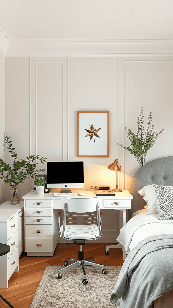 A stylish home office setup with a desk, computer, plants, and a comfortable bed.