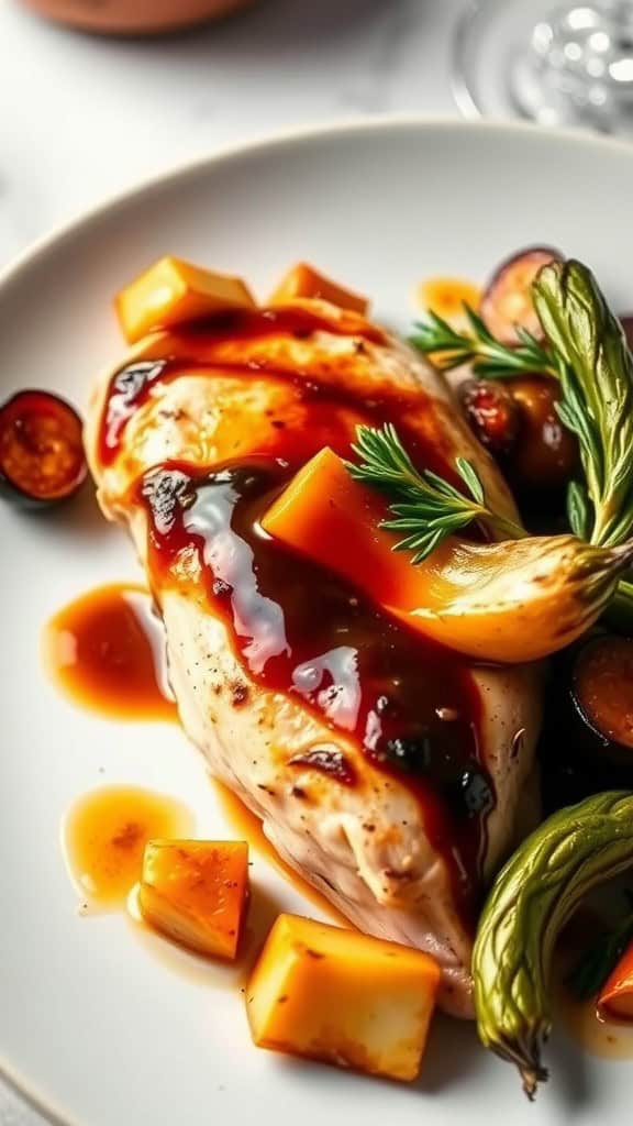 Balsamic Chicken served with colorful vegetables