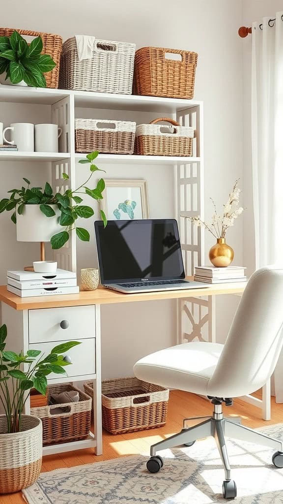 A bright office space featuring a desk with a laptop and decorative baskets for storage.