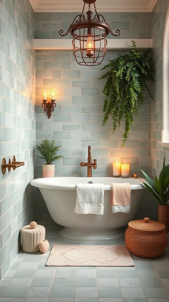 A serene bathroom featuring a freestanding tub, soft blue tiles, warm lighting, and plants.