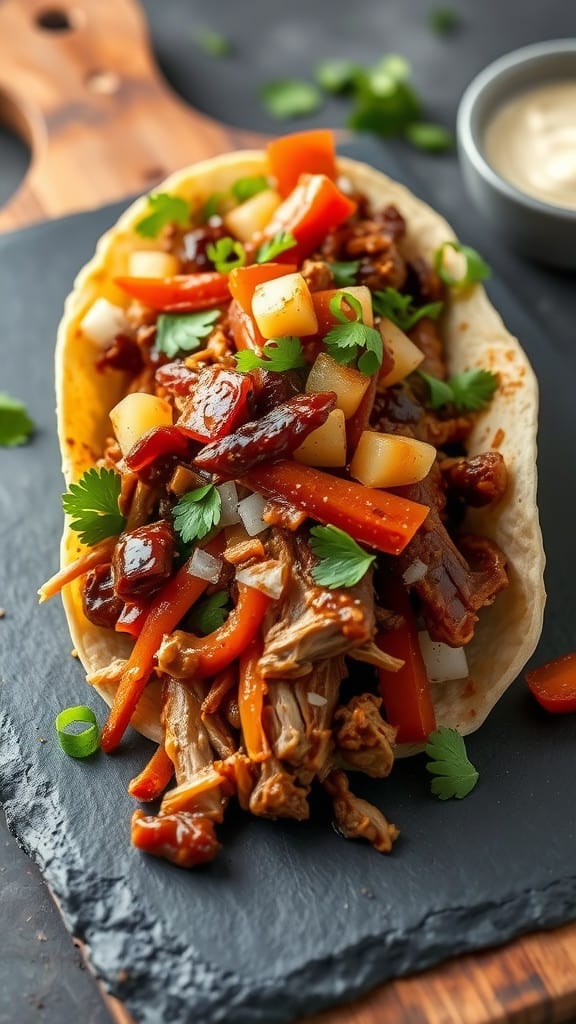 A BBQ pulled pork wrap filled with colorful peppers and garnished with cilantro, served on a slate board.