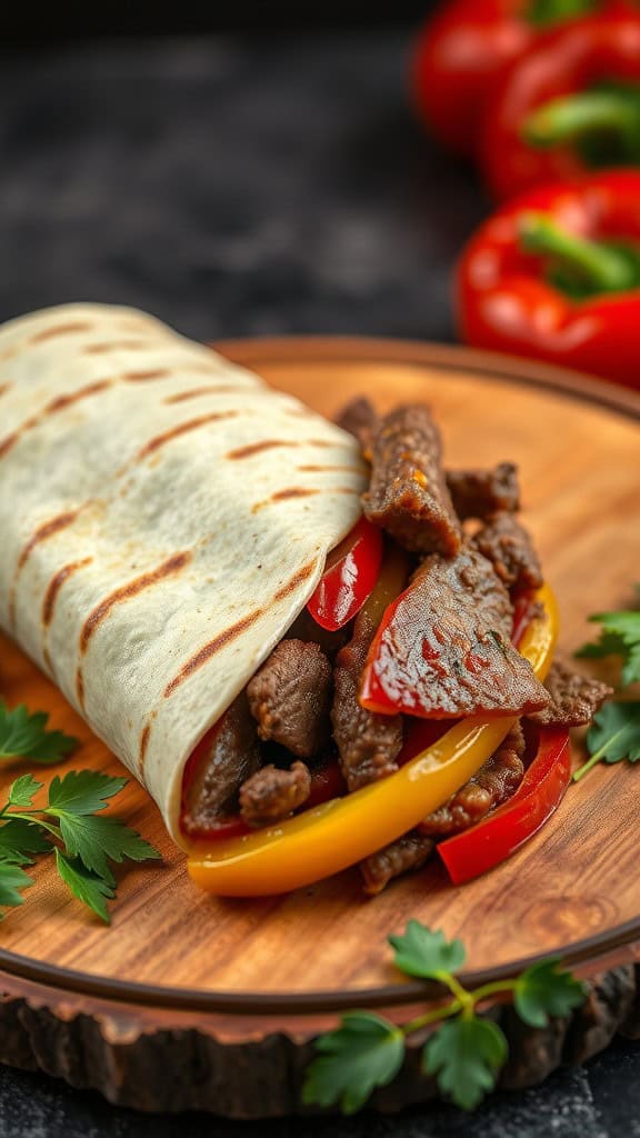 A delicious beef and bell pepper wrap on a wooden plate with fresh parsley and red bell peppers in the background.