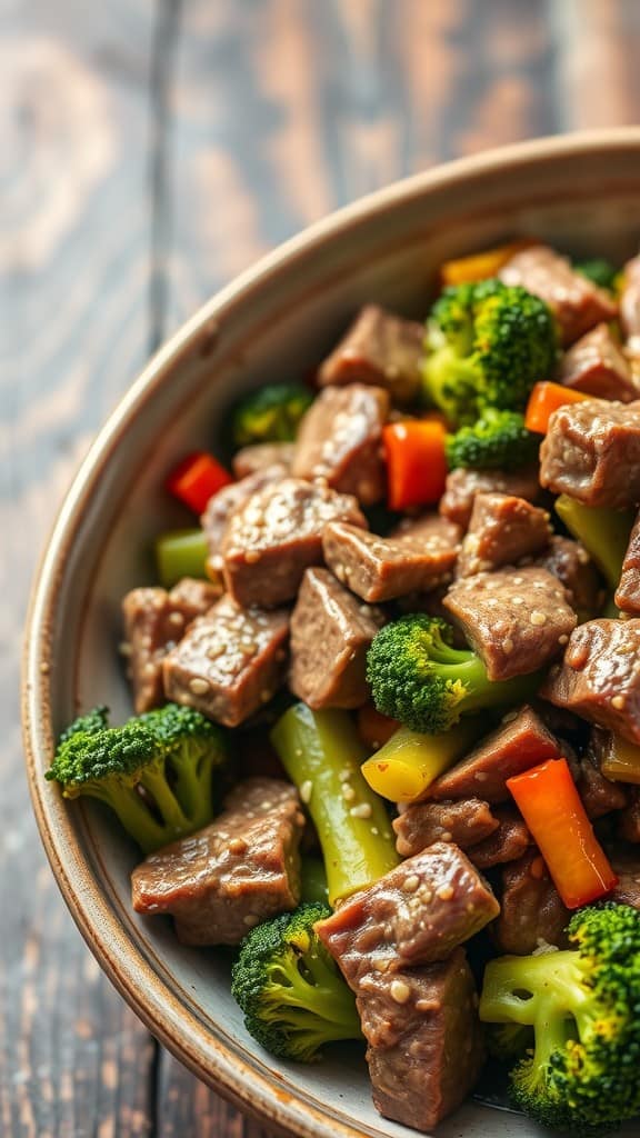 A vibrant bowl of beef and broccoli stir-fry