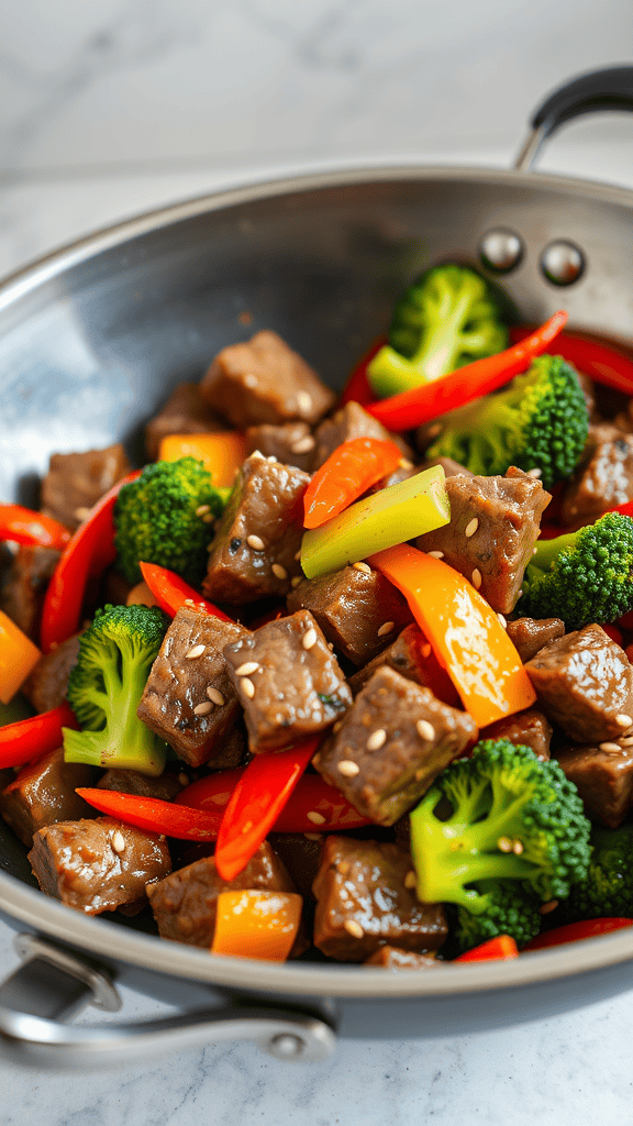 A vibrant beef stir-fry with broccoli, red and yellow bell peppers in a silver frying pan.