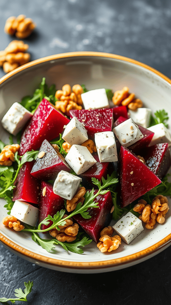 A vibrant beetroot and feta salad with walnuts on a plate.