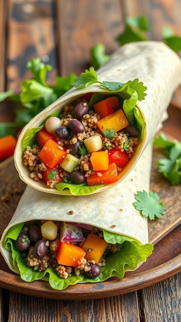 Two black bean and quinoa wraps filled with colorful vegetables on a wooden plate