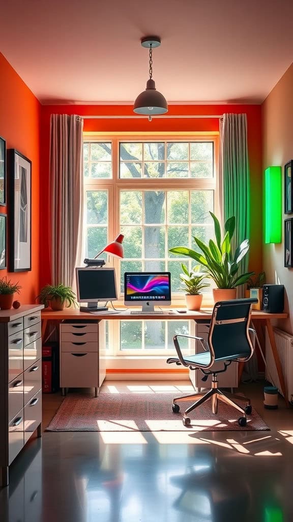 A cozy workspace featuring bright orange walls, natural light from a large window, and a mix of plants and modern tech.