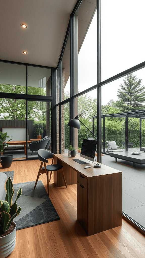 Modern workspace with large windows overlooking a green outdoor area.