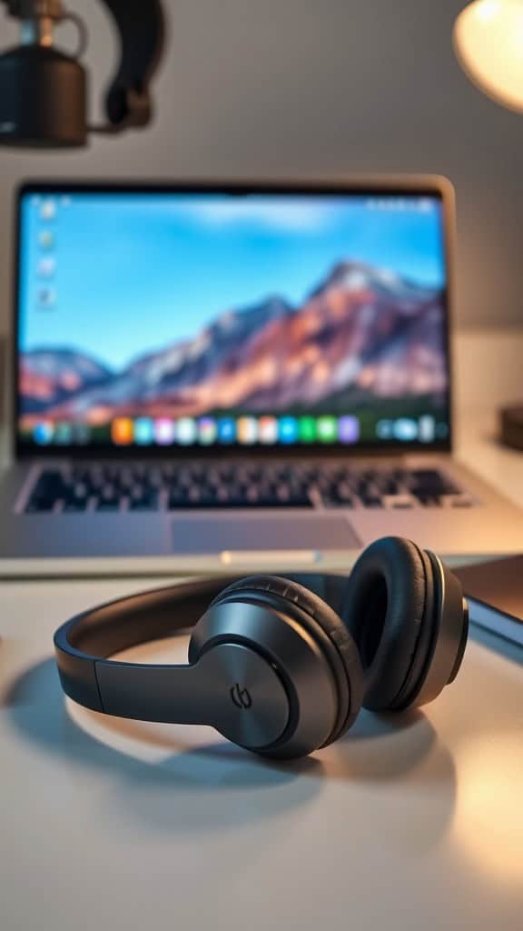 A pair of Bluetooth headphones resting on a desk next to a laptop, creating a cozy home office atmosphere.