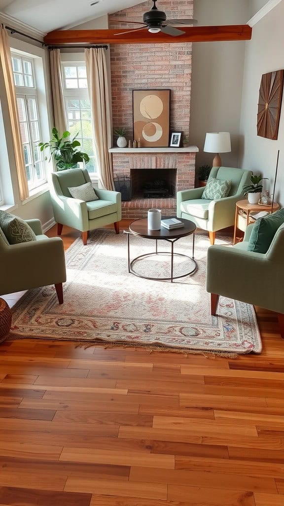 A cozy living room with a blush rug, green chairs, and wooden flooring, featuring warm lighting and inviting decor.