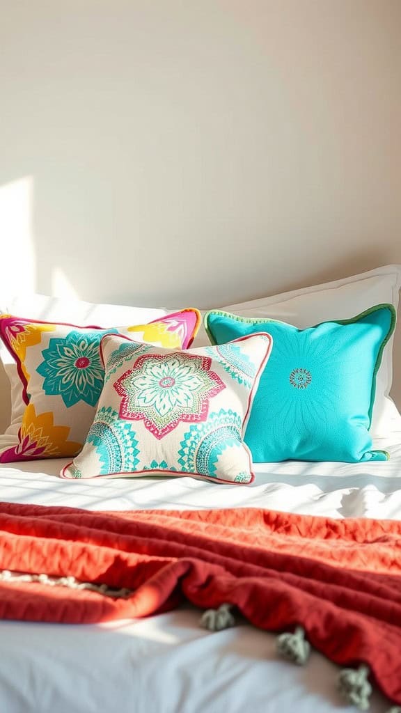 Colorful accent pillows on a white bed with a red throw blanket.