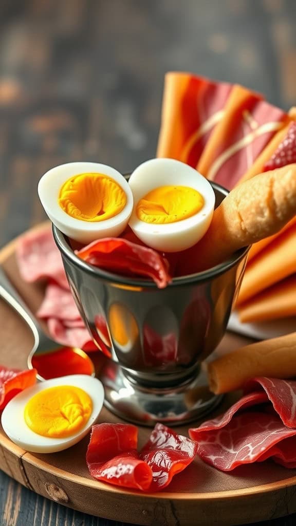 Breakfast charcuterie cup with soft-boiled eggs, cured meats, and breadsticks