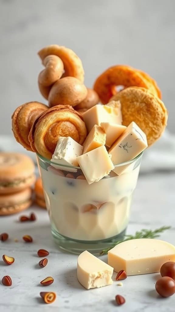 A charcuterie cup with assorted pastries and cheese, showcasing a delicious breakfast option.