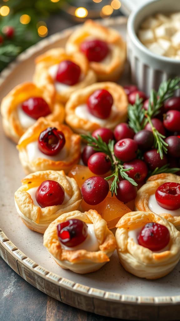 A plate of brie and cranberry puff pastry bites arranged with fresh cranberries and festive decorations.