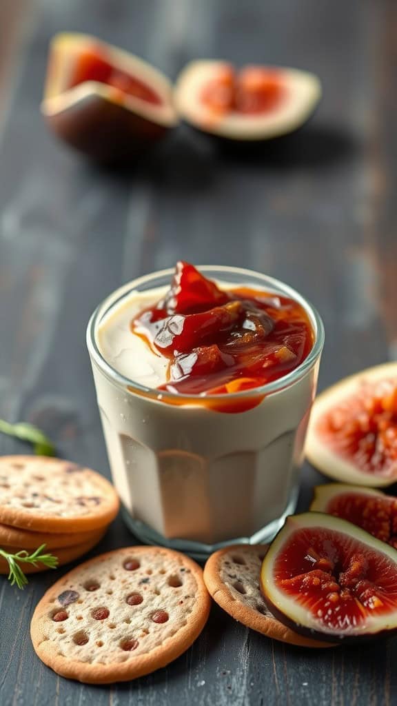 A charcuterie cup featuring brie with fig jam, surrounded by crackers and figs.