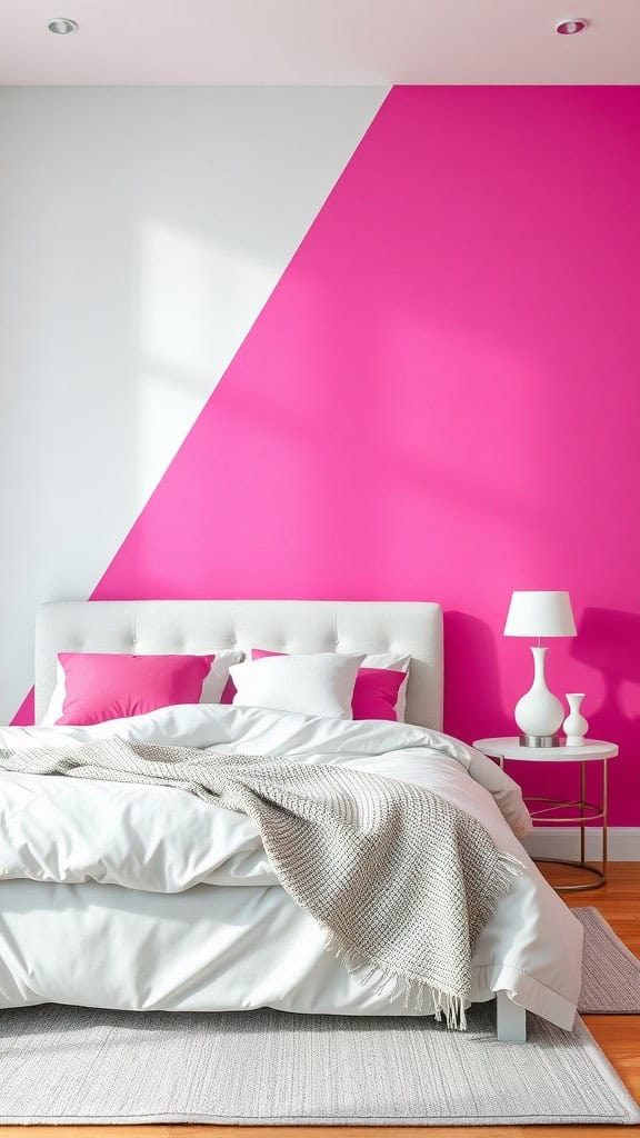 Cozy bedroom featuring a bright pink accent wall behind a white bed with colorful pillows and a woven blanket.