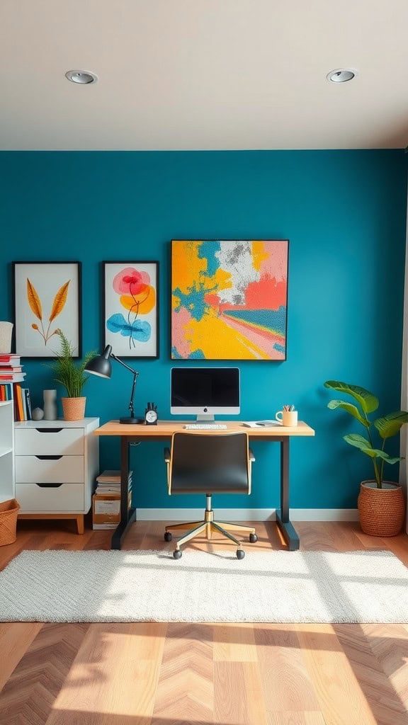 A stylish home office featuring a bright blue accent wall with colorful artwork, a desk in the middle, and natural light.