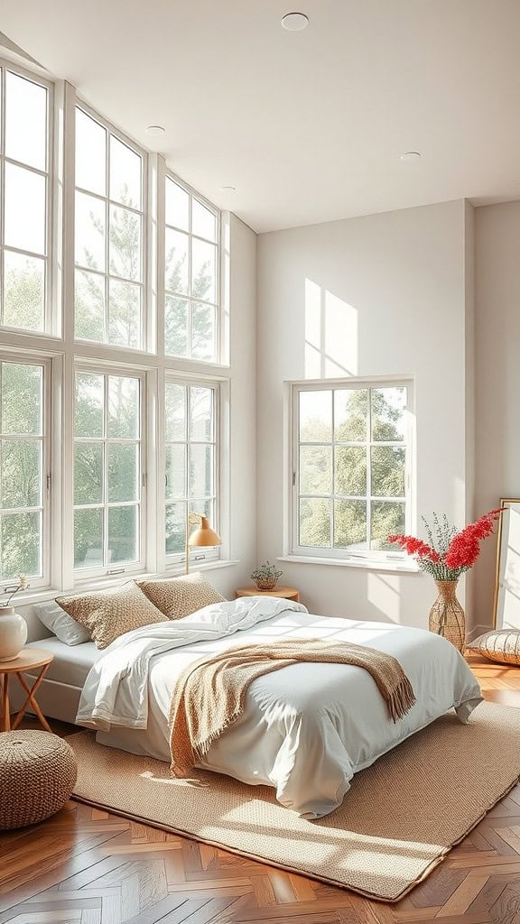 Cozy bedroom with large windows, bright natural light, and simple decor