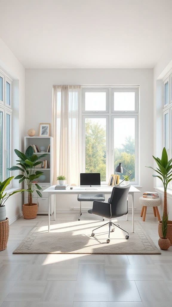 Bright and airy home office with a desk in the middle and plants around.