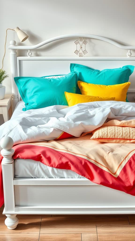 A bright and colorful bedding setup featuring turquoise, yellow, and coral accents on a white bed.