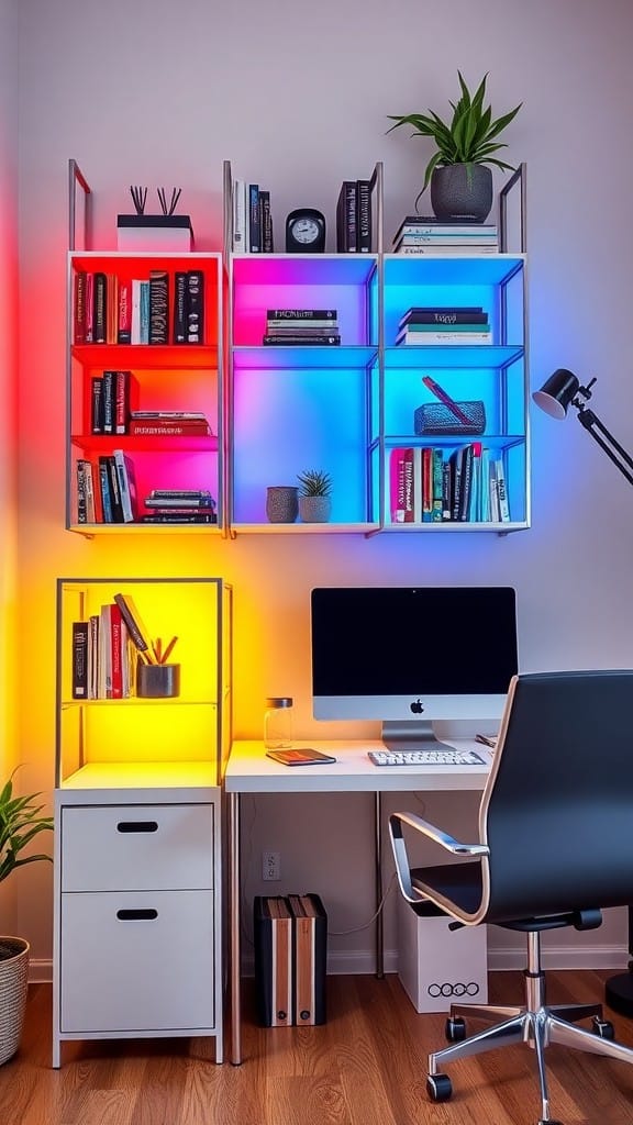 A colorful neon shelving unit with books and plants, alongside a modern desk setup.