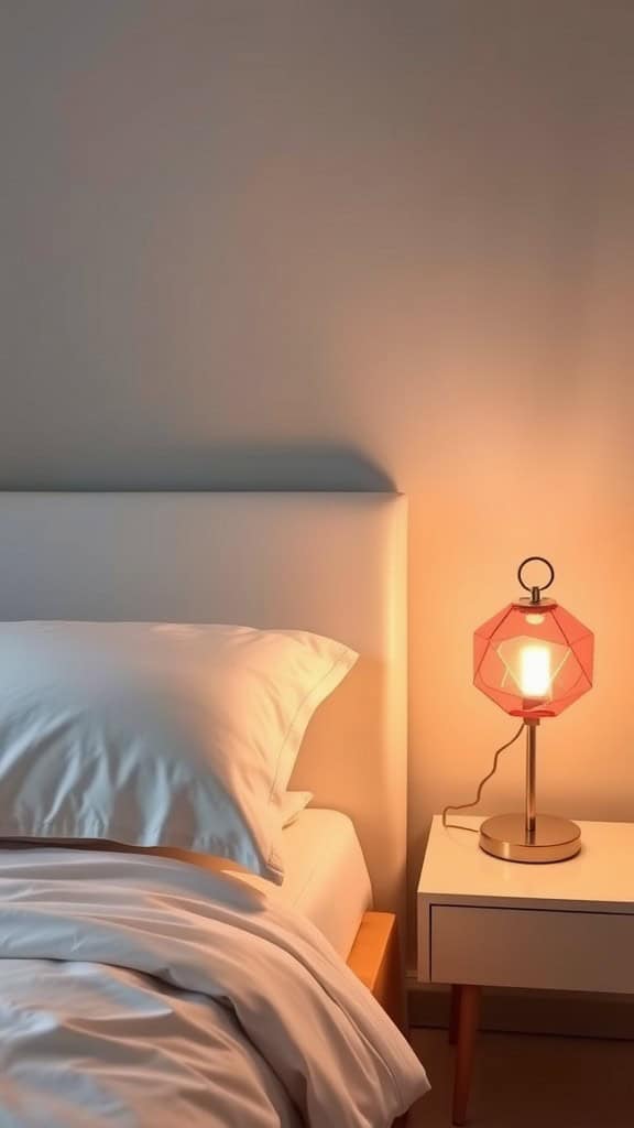 A cozy bedroom with a white bed and a pink bedside lamp