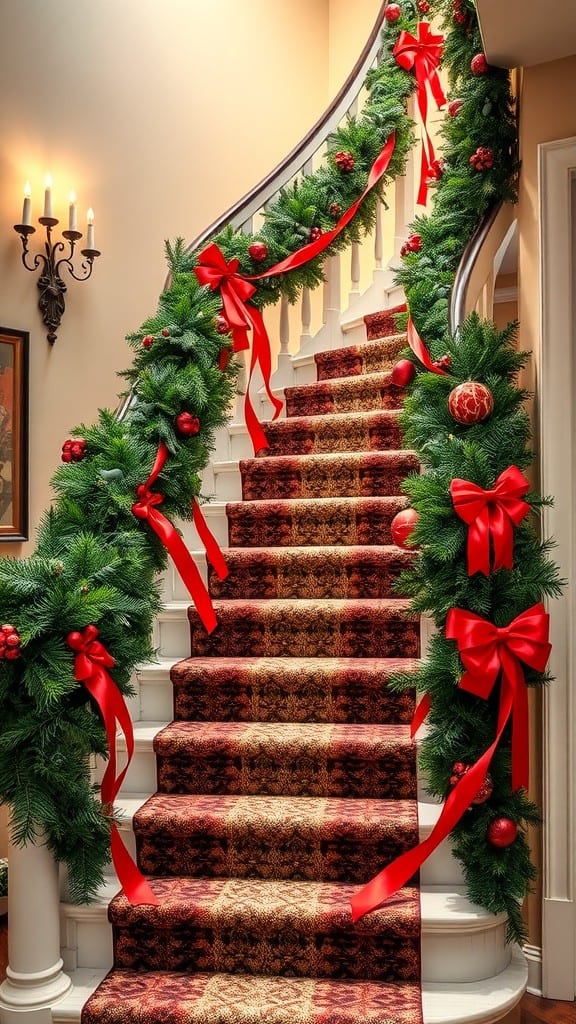 A beautifully decorated staircase with bright green garlands and red ribbons for Christmas.