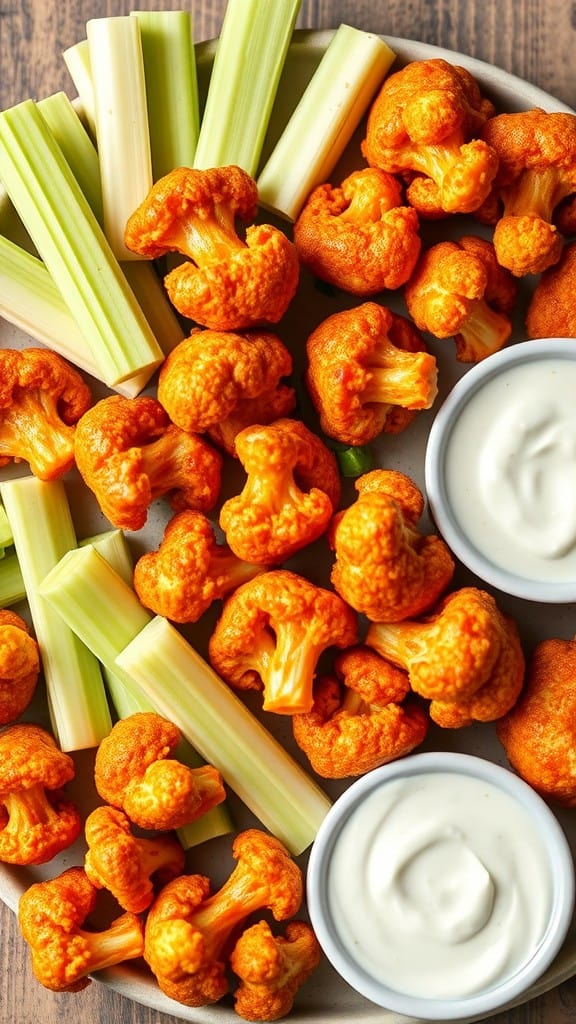 A plate of buffalo cauliflower bites with celery sticks and dipping sauce.