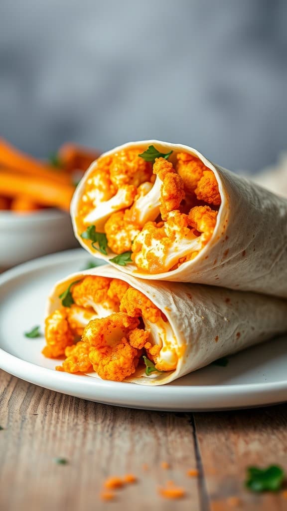 Two buffalo cauliflower wraps on a plate with sweet potato fries in the background.